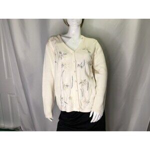 Vintage Arriviste Ladies Cardigan Lge 55 Ramie 45 Cotton White Embroidery silver